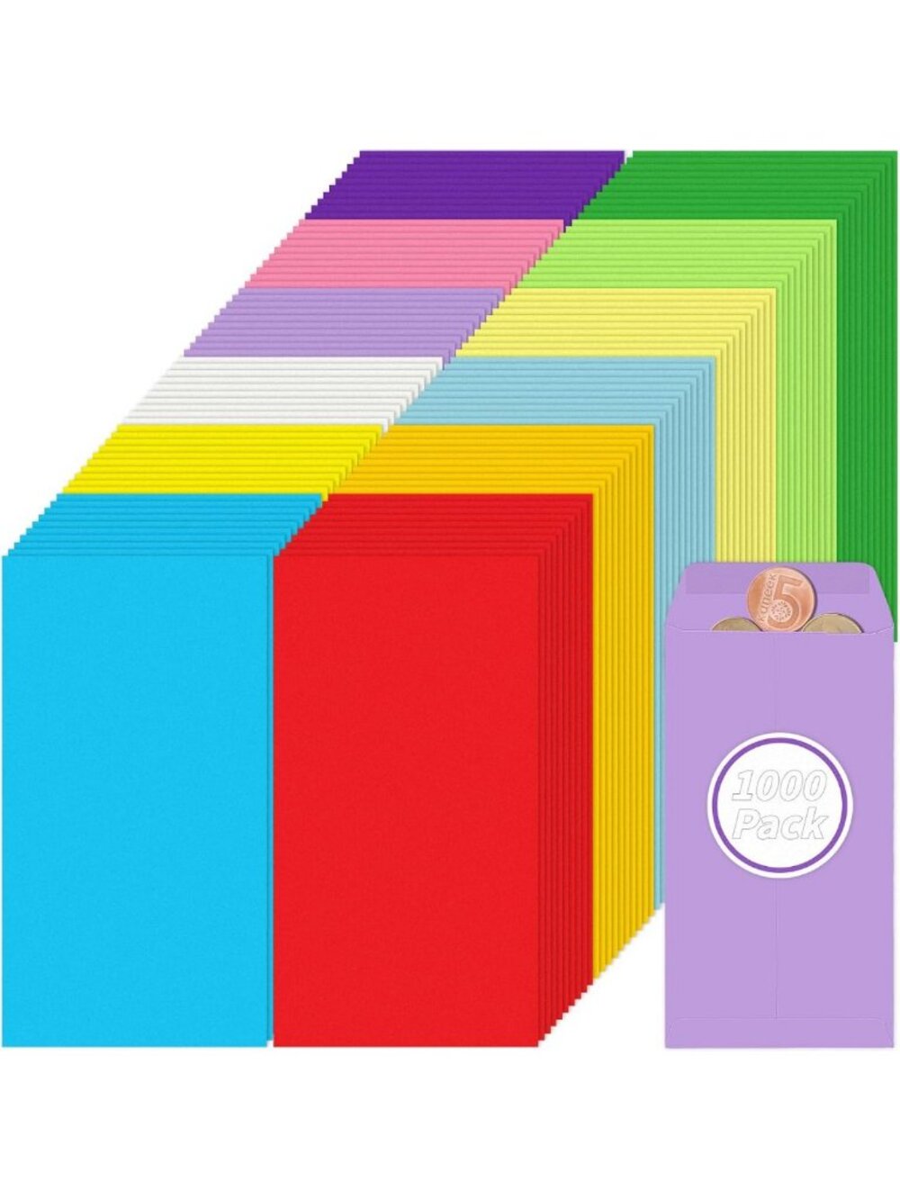1000 Pcs Colorful Cash Envelopes 3.5x6.5in | Gummed Flaps for Organizing Coins